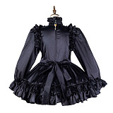Fondcosplay Black Satin Lockable Sissy Maid Dress with Ruffled Skirt and Oversized Neck Bow [G2143]