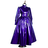 Purple Thin PVC Lockable Full-Length Sissy Gown with High Neck and Puff Sleeves [G1070]