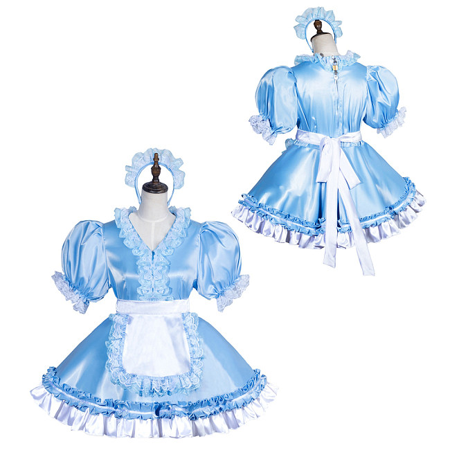 fondcosplay Baby Blue Satin Lockable Sissy Maid Dress with White Apron, Lace Trim, and Headband [G3771]