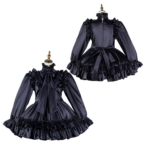 Fondcosplay Black Satin Lockable Sissy Maid Dress with Ruffled Skirt and Oversized Neck Bow [G2143]