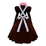 Brown and White Cotton Lockable Sissy Maid Dress with Apron and Pink Bows [G594]