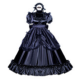 fondcosplay Black Satin Lockable Gothic Sissy Maid Dress with Gathered Overskirt and Headpiece [G3989]