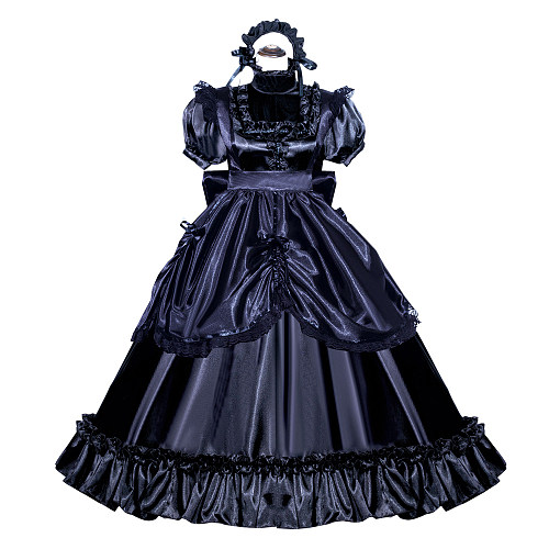 fondcosplay Black Satin Lockable Gothic Sissy Maid Dress with Gathered Overskirt and Headpiece [G3989]