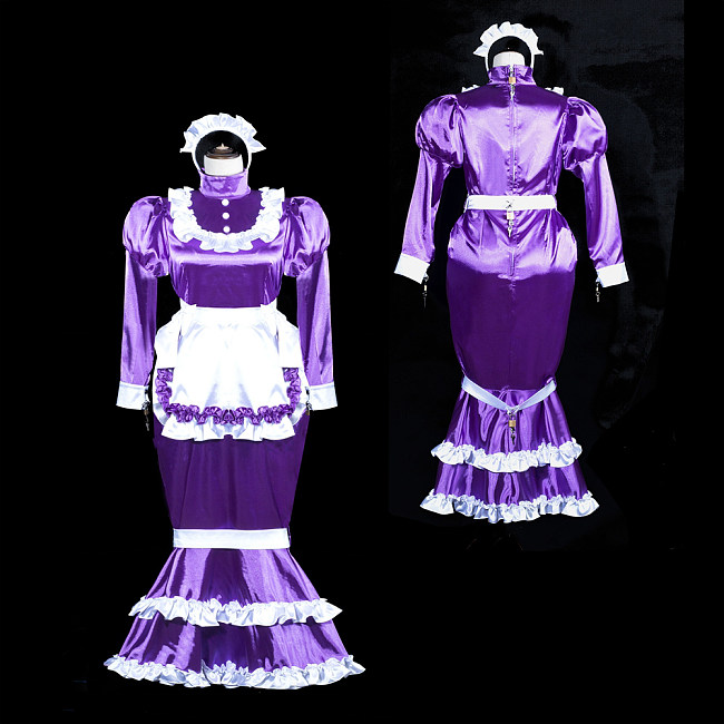 fondcosplay Purple Satin Lockable Bondage Mermaid Sissy Maid Dress with White Apron and Headpiece [G3843]