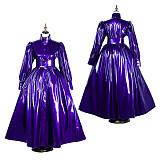 Purple Thin PVC Lockable Full-Length Sissy Gown with High Neck and Puff Sleeves [G1070]