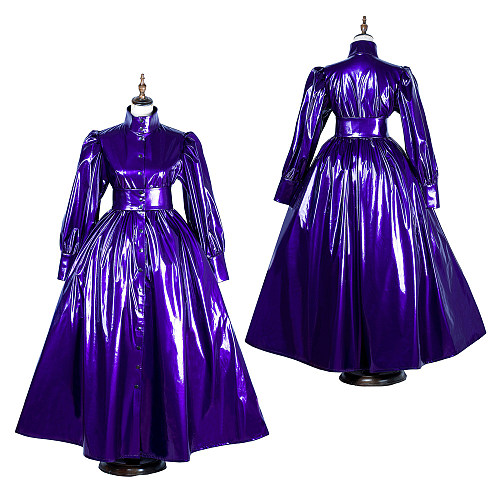 Purple Thin PVC Lockable Full-Length Sissy Gown with High Neck and Puff Sleeves [G1070]