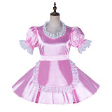 Fondcosplay Pink Satin Lockable Sissy Maid Dress with White Lace Apron and Puff Sleeves [G2167]