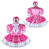 fondcosplay Pink and White Satin Lockable Sissy Maid Dress with Ruffled Apron and Headband [G2283]