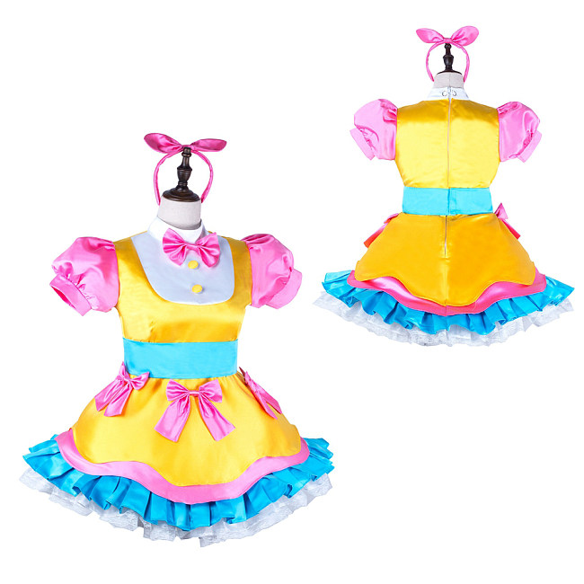 fondcosplay Colorblock Satin Lockable Sissy Maid Dress in Yellow, Pink & Blue with Headband [G3974]