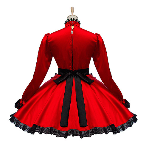 Red and Black Satin Lockable Sissy Maid Dress with Lace Trim and Apron [G593]