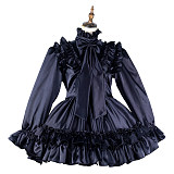 Fondcosplay Black Satin Lockable Sissy Maid Dress with Ruffled Skirt and Oversized Neck Bow [G2143]