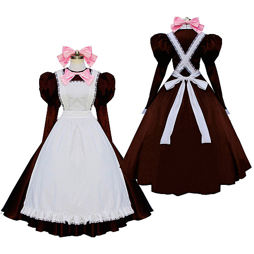 Brown and White Cotton Lockable Sissy Maid Dress with Apron and Pink Bows [G594]