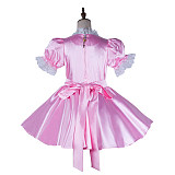 Fondcosplay Pink Satin Lockable Sissy Maid Dress with White Lace Apron and Puff Sleeves [G2167]
