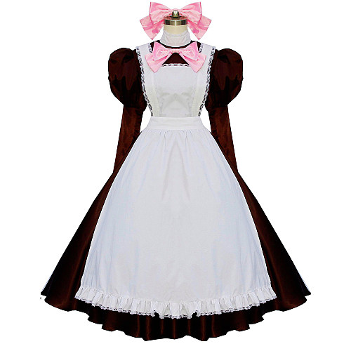 Brown and White Cotton Lockable Sissy Maid Dress with Apron and Pink Bows [G594]