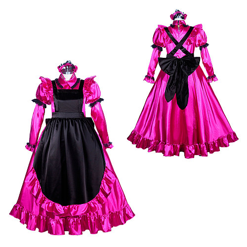 Fondcosplay Lockable Sissy Maid Satin Long Dress Hot Pink with Black Apron Crossdressing Costume [G3948]
