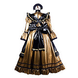 Fondcosplay Black and Gold Thin PVC Lockable Full-Length Sissy Maid Dress with Oversized Bow [G2157]