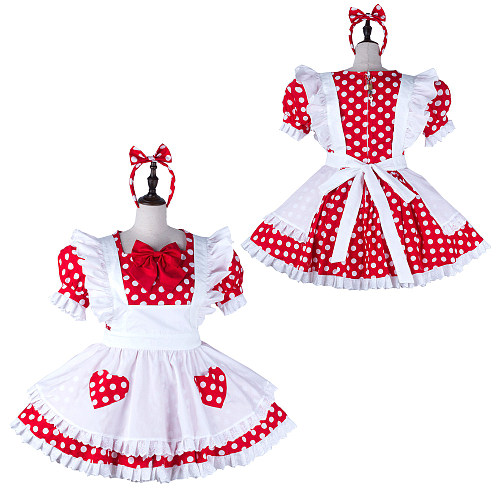 fondcosplay Red Polka Dot Cotton Lockable Sissy Maid Dress with White Apron and Heart Pockets [G2240]