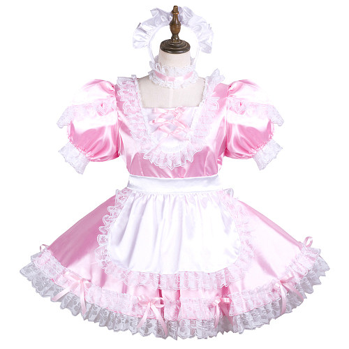 Fondcosplay Pink Satin Lockable Sissy Maid Dress with Apron, Choker and Headpiece – Crossdressing Outfit [G3739]