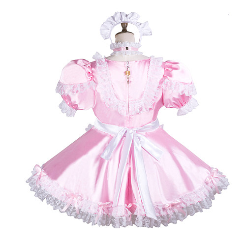 Fondcosplay Pink Satin Lockable Sissy Maid Dress with Apron, Choker and Headpiece – Crossdressing Outfit [G3739]