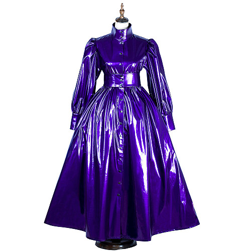 Purple Thin PVC Lockable Full-Length Sissy Gown with High Neck and Puff Sleeves [G1070]