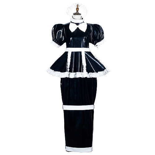 fondcosplay Black and White Heavy PVC Lockable Sissy Maid Dress with Hobble Skirt [G3777]