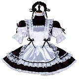 fondcosplay Black and White Satin Lockable Sissy Maid Dress with Lace Apron and Headpiece [G2256]