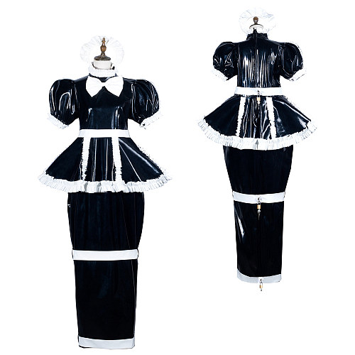 fondcosplay Black and White Heavy PVC Lockable Sissy Maid Dress with Hobble Skirt [G3777]