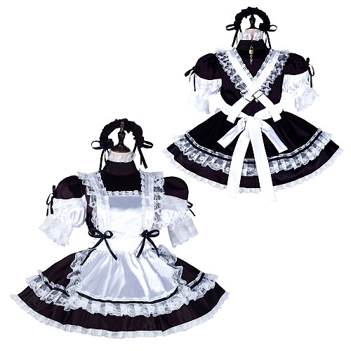 fondcosplay Black and White Satin Lockable Sissy Maid Dress with Lace Apron and Headpiece [G2256]