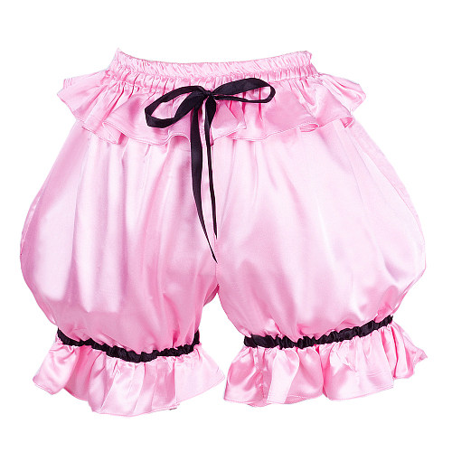 Pink Satin Sissy Bloomers with Black Ribbon Bow and Ruffled Leg Openings [G591]