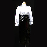 White Satin Blouse and Black Heavy PVC Pencil Skirt Sissy Discipline Outfit [G045]