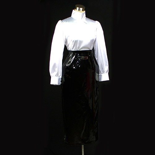 White Satin Blouse and Black Heavy PVC Pencil Skirt Sissy Discipline Outfit [G045]