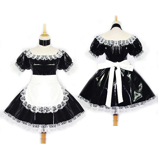 Shiny Black Thin PVC French Sissy Maid Dress with Lace Apron [G118]