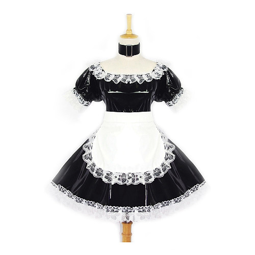 Shiny Black Thin PVC French Sissy Maid Dress with Lace Apron [G118]