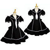 Black Cotton Dress with White Ribbon and Puff Sleeves [G079]