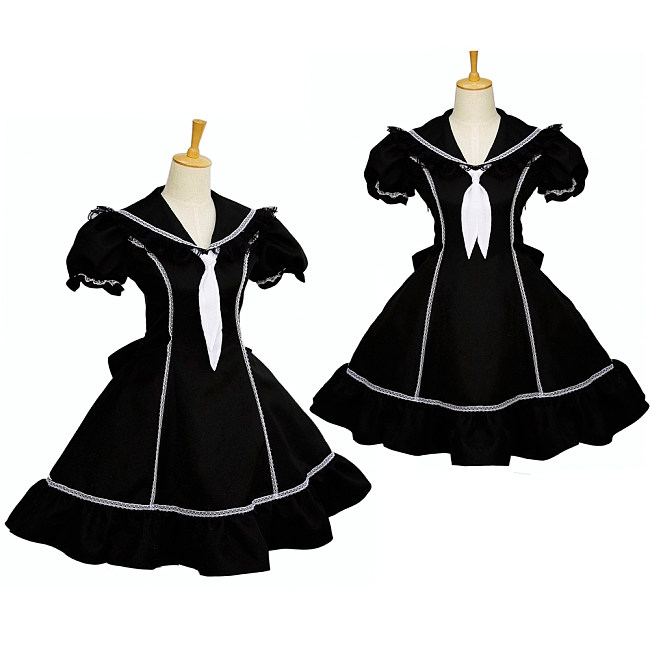 Black Cotton Dress with White Ribbon and Puff Sleeves [G079]