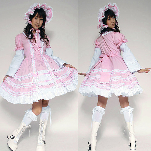 Pink and White Cotton Sweet Lolita Dress with Bonnet [G180]