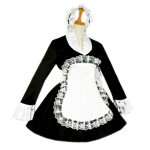 Lockable Black and White Satin Sissy French Maid Dress with Lace Apron [G099]