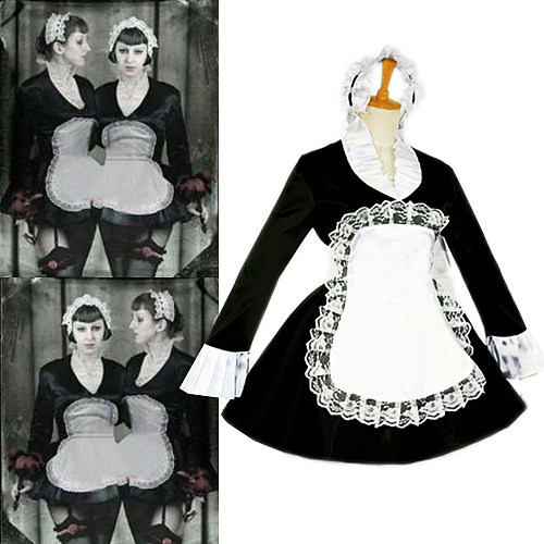 Lockable Black and White Satin Sissy French Maid Dress with Lace Apron [G099]