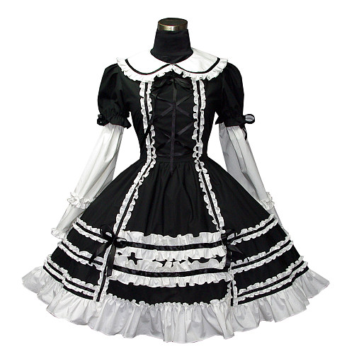 Black and White Cotton Gothic Lolita Long Sleeve Dress [G179]