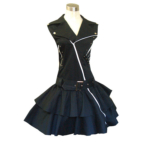 Black Cotton Gothic Dress with White Zipper and Layered Skirt [G181]