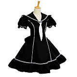 Black Cotton Dress with White Ribbon and Puff Sleeves [G079]