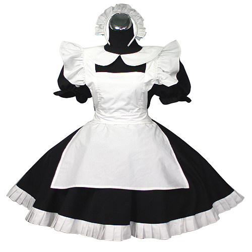 Black and White Cotton Lockable Classic Sissy Maid Dress with Apron and Headpiece [G029]