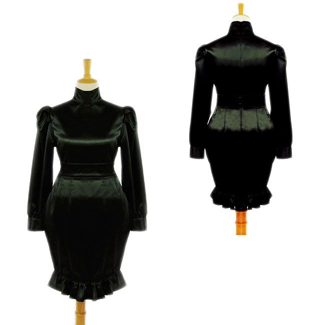 Black Satin Lockable High-Collar Sissy Maid Discipline Dress with Ruffle Hem [G050]