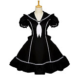 Black Cotton Dress with White Ribbon and Puff Sleeves [G079]
