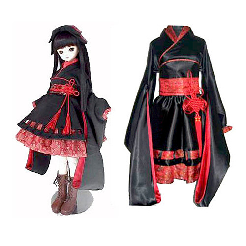 Black and Red Satin Japanese Kimono Cosplay Dress [G143]