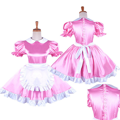 Lockable Pink and White Satin Sissy Maid Dress with Apron – [G1478]