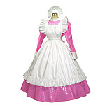 Pink and White Thin PVC Lockable Sissy Maid Dress with Apron [G257]