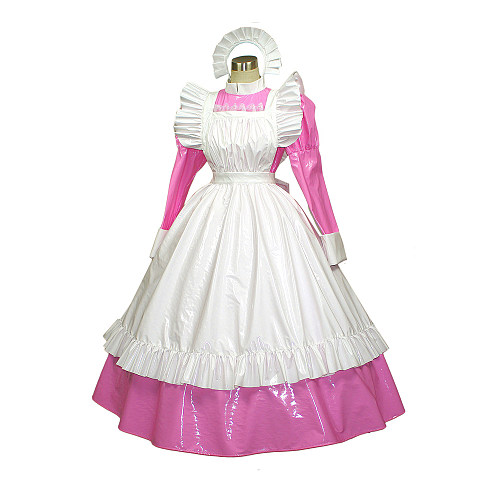 Pink and White Thin PVC Lockable Sissy Maid Dress with Apron [G257]