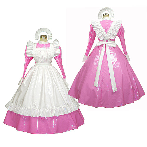 Pink and White Thin PVC Lockable Sissy Maid Dress with Apron [G257]