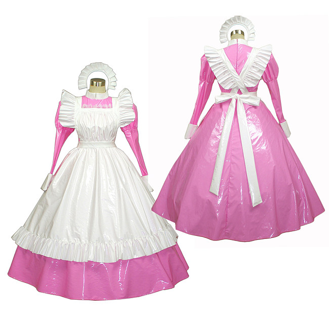 Pink and White Thin PVC Lockable Sissy Maid Dress with Apron [G257]